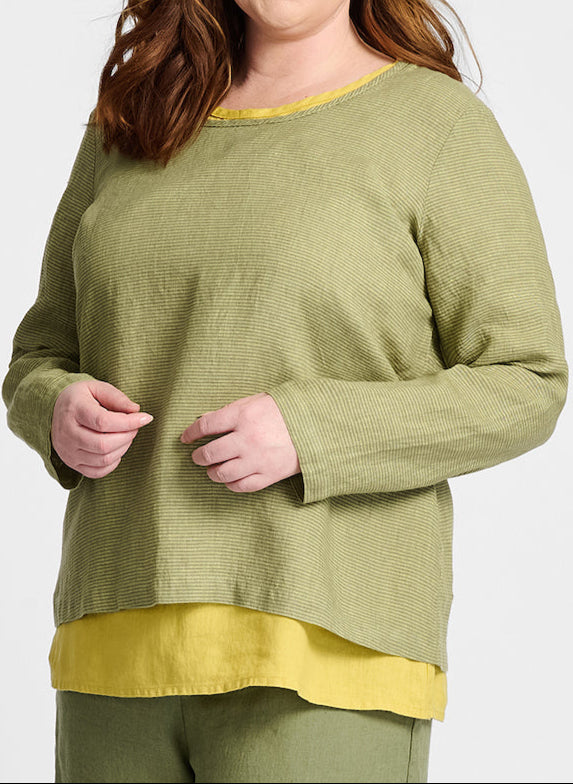 Pure Top (Rosemary Stripe), layered over the Layer Tank (solid Goldenrod). Model is 5'9" tall, wearing size Medium.