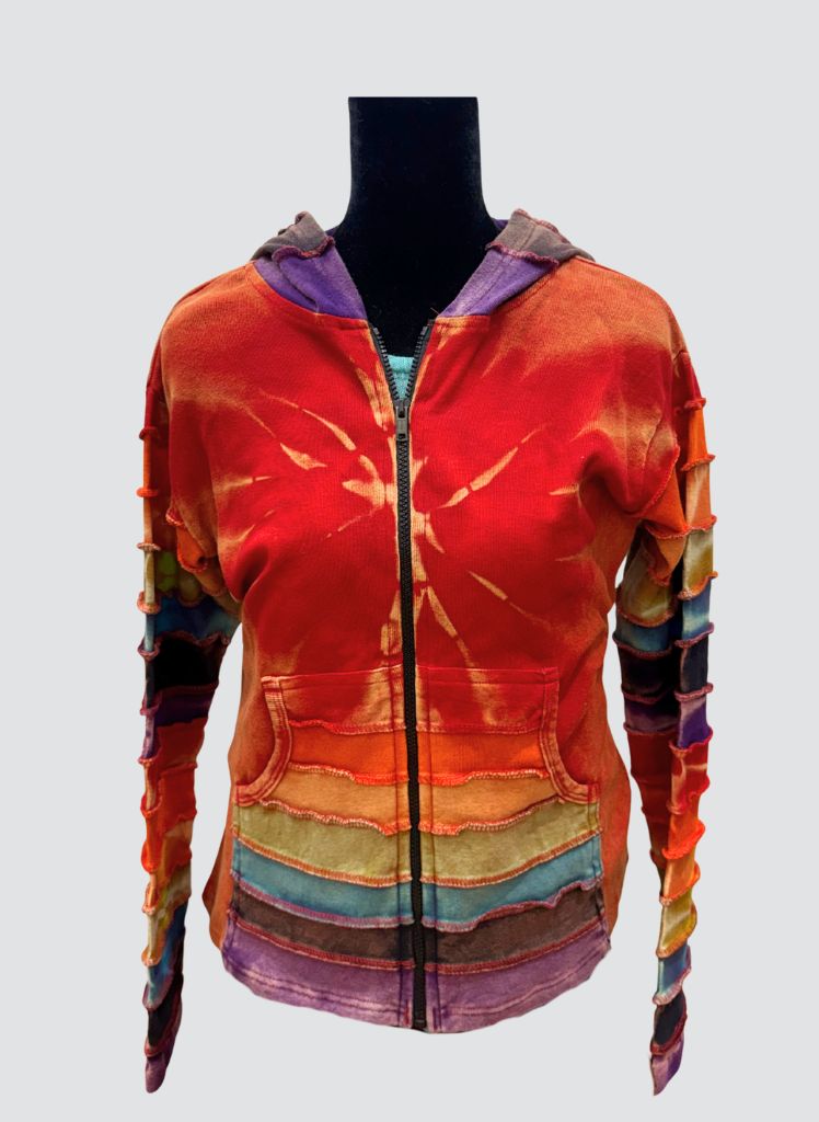 Hooded Jacket, shown in Red Multi.  Featuring the front side, zipper closure, 2 deep front pouch pocketsl