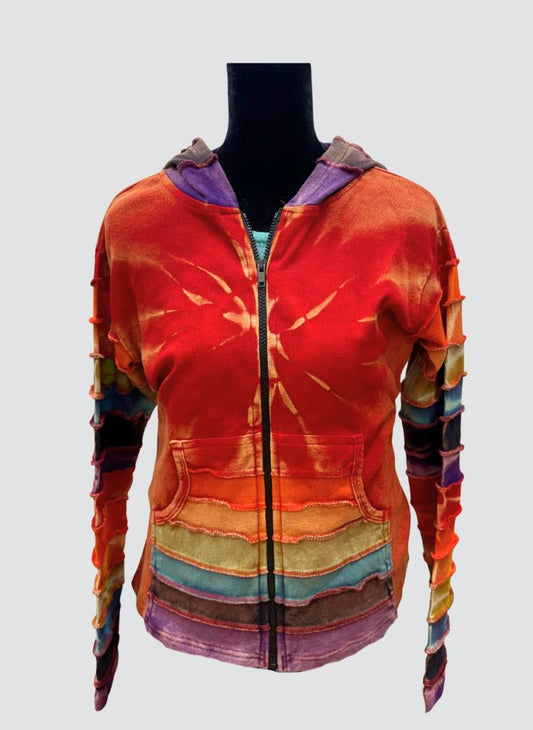 Hooded Jacket, shown in Red Multi.  Featuring the front side, zipper closure, 2 deep front pouch pocketsl