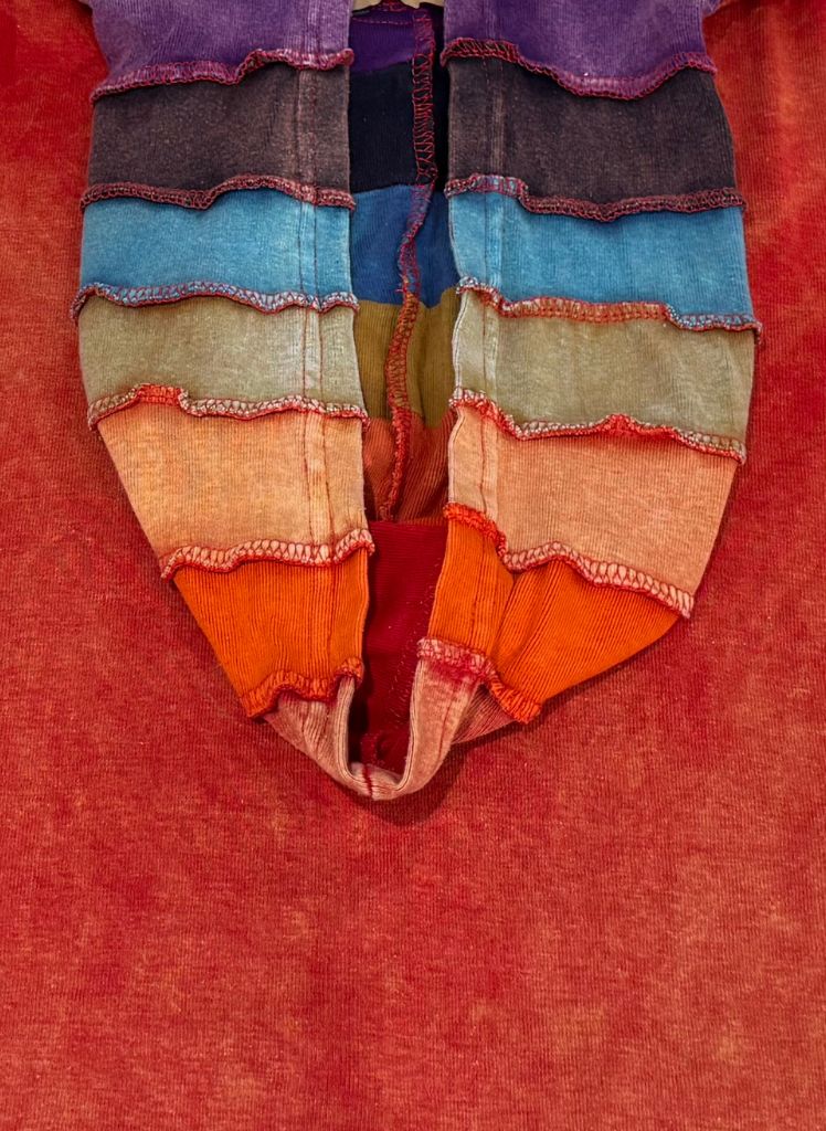 Hooded Jacket, shown in Red/Multi.  Featuring detail on the reverse side, and the rainbow patterned hood.