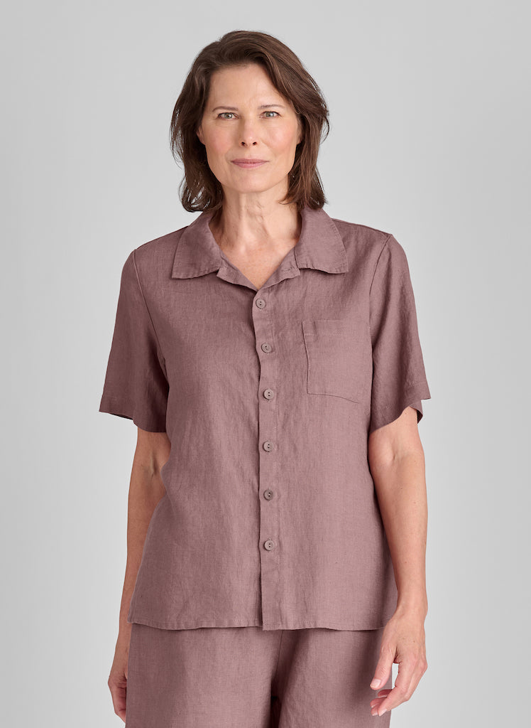 Recamp top, shown in Mauve, size Small.  100% Handkerchief-Weight European Linen.