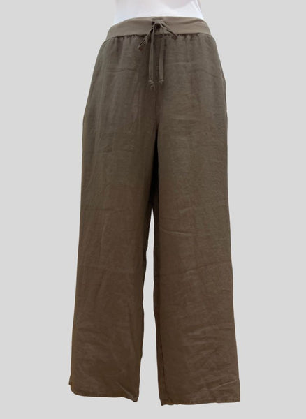 Renewed Flood, shown in Java (taupe/brown), size Small.  100% European Linen (body), with a Cotton Knit drawstring waistband.