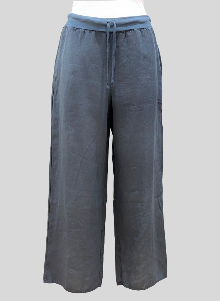 Renewed Flood, shown in Slate (blue/grey), size Small.  100% European Linen (body), with a Cotton Knit drawstring waistband.