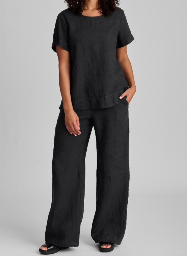 Roadie Tee and Flat Iron Pant, both shown in Faded Black, size Small.  Model is 5'9" tall.  