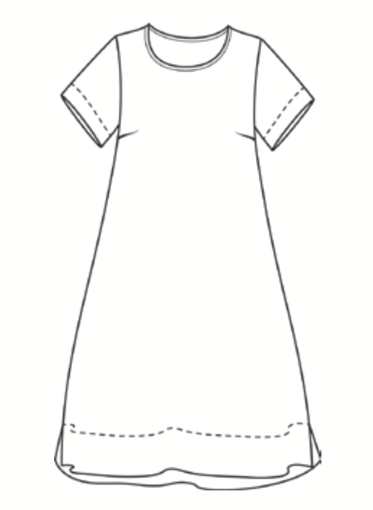 Roadie Tee Dress, detailed sketch shown. Round neckline, Short sleeves with wide hem finish, Cut on the bias in the back, with top yoke and center seam detail, bust darts for shaping, with 2 side seam pockets, wide border with hem slits, lands at the knee (or just below) depending on your height.    100% European Linen. 