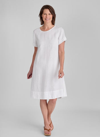 Roadie Tee Dress, shown in White, size Small.  Model is 5'9" tall.  If you are shorter, this dress will fall below the knee.  100% European Linen.