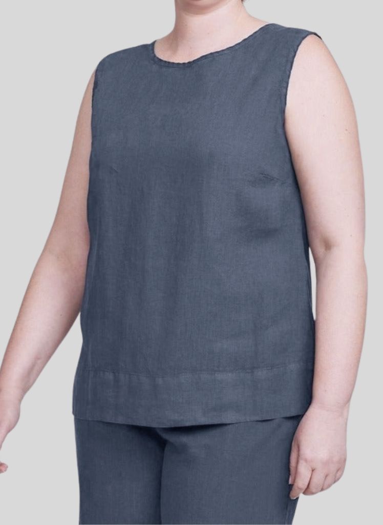 Roadie Top, shown in Slate (blue-grey), size Medium.  100% European Linen.