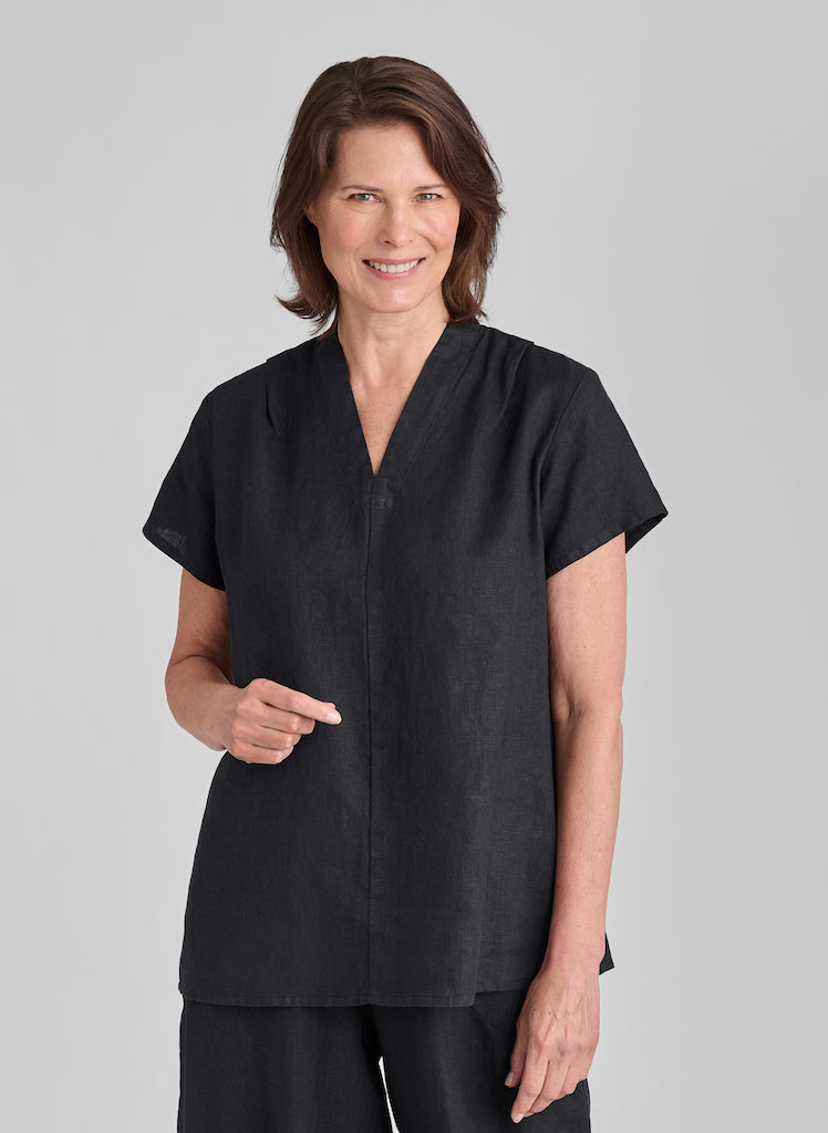 RSVP Tee, shown in Black, size Small.   100% European Linen, pre-shrunk, machine washable.
