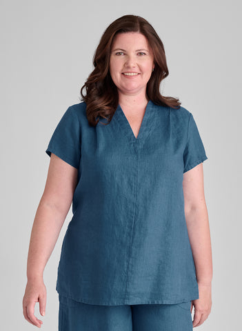 RSVP Tee, shown in Dark Teal, size Medium.  100% European Linen, pre-shrunk, machine washable.