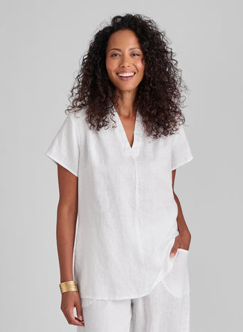 RSVP Tee, shown in White, size Small.   100% European Linen, pre-shrunk, machine washable.