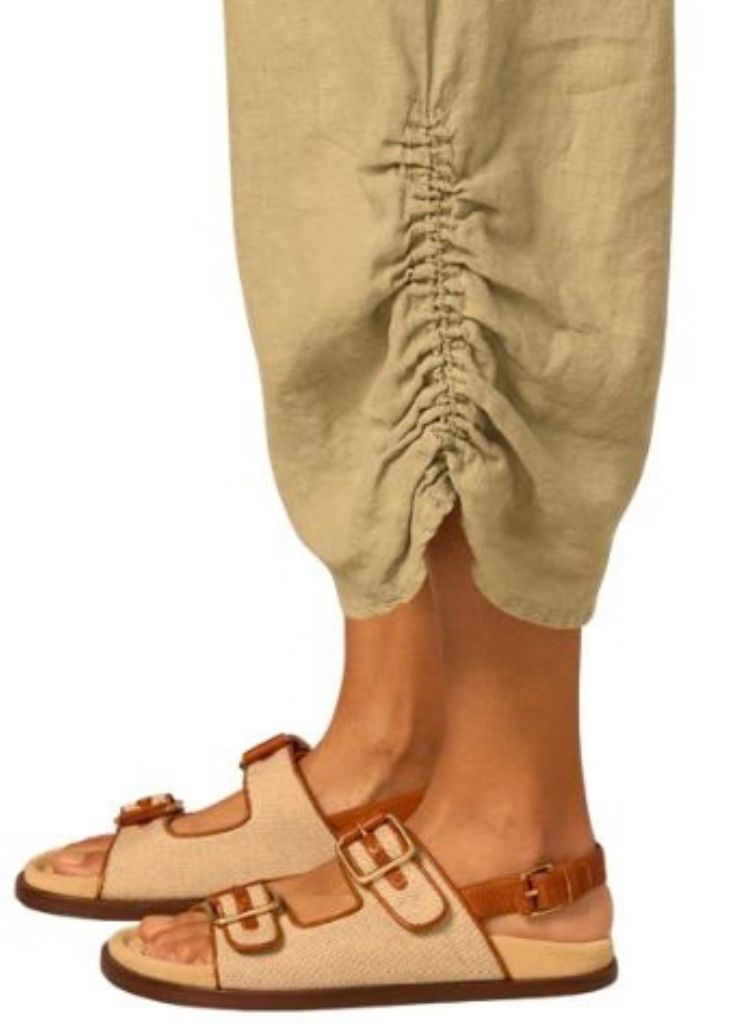 Ruched Pant, shown in Bark.  Featuring the adorable cinched elastic for a ruched effect on the side hem.  100% Linen, Made in the USA.
