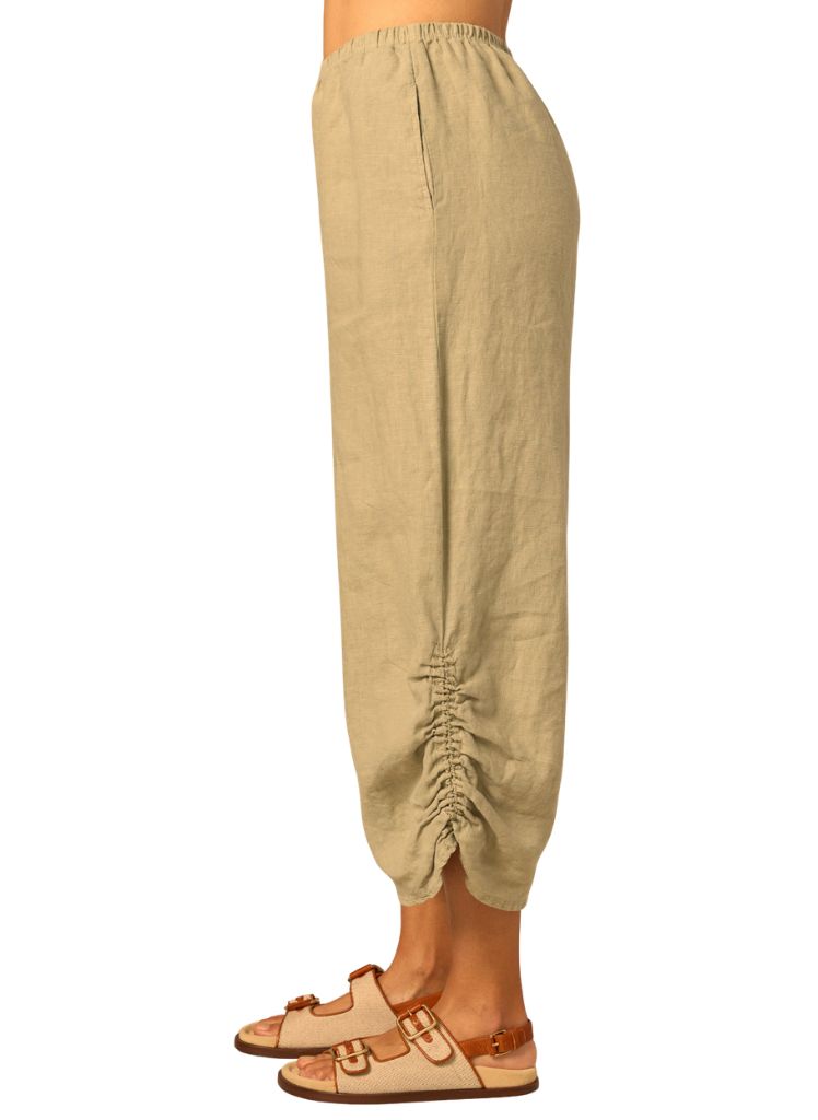 Ruched Pant, shown in Bark.  Featuring the side seam pocket and the adorable cinched elastic for a ruched effect on the side hem.  100% Linen, Made in the USA.