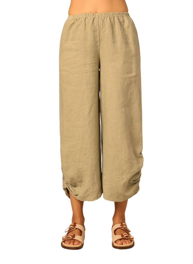 Ruched Pant, shown in Bark.  Featuring the full elastic waist, midrise, rounded front hem with cinched sides.  If you are shorter, this pant will land closer to your ankle.  100% Linen, Made in the USA.