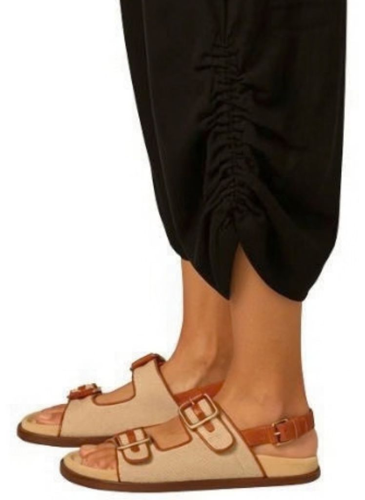 Ruched Pant, shown in Black.  Featuring the adorable cinched elastic for a ruched effect on the side hem.  100% Linen, Made in the USA.