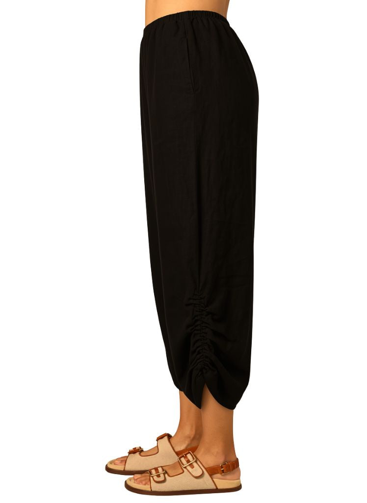 Ruched Pant, shown in Black.  Featuring the side seam pocket and the adorable cinched elastic for a ruched effect on the side hem.  100% Linen, Made in the USA.