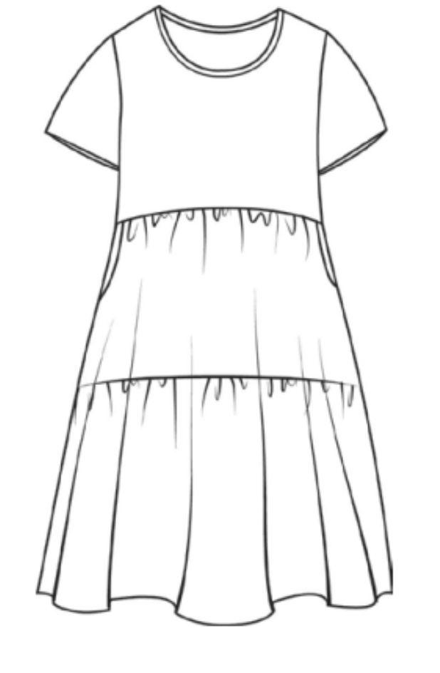 Ruthies Dress, detailed sketch shown.  Round neckline, short sleeves.  More fitted at the top. Tiered with gathered detail below the waist.  100% European Linen.