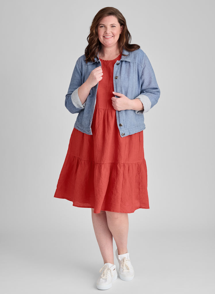 Ruthies Dress, shown in Strawberry, size Medium on 5'9" model.  Shown topped with the FLAX Jean Jacket (not available).
