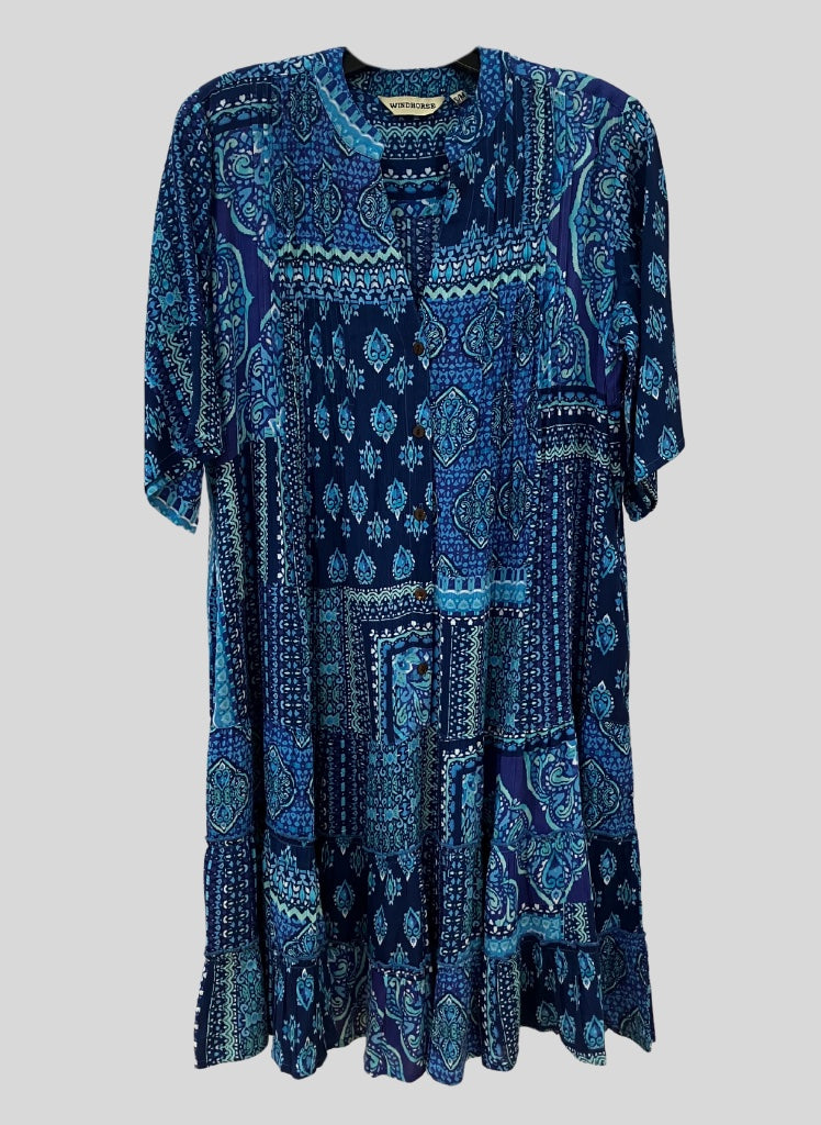 Laxmi Button Dress, shown in Blue Vutta print.  100% Rayon, Hand Wash, Line dry.