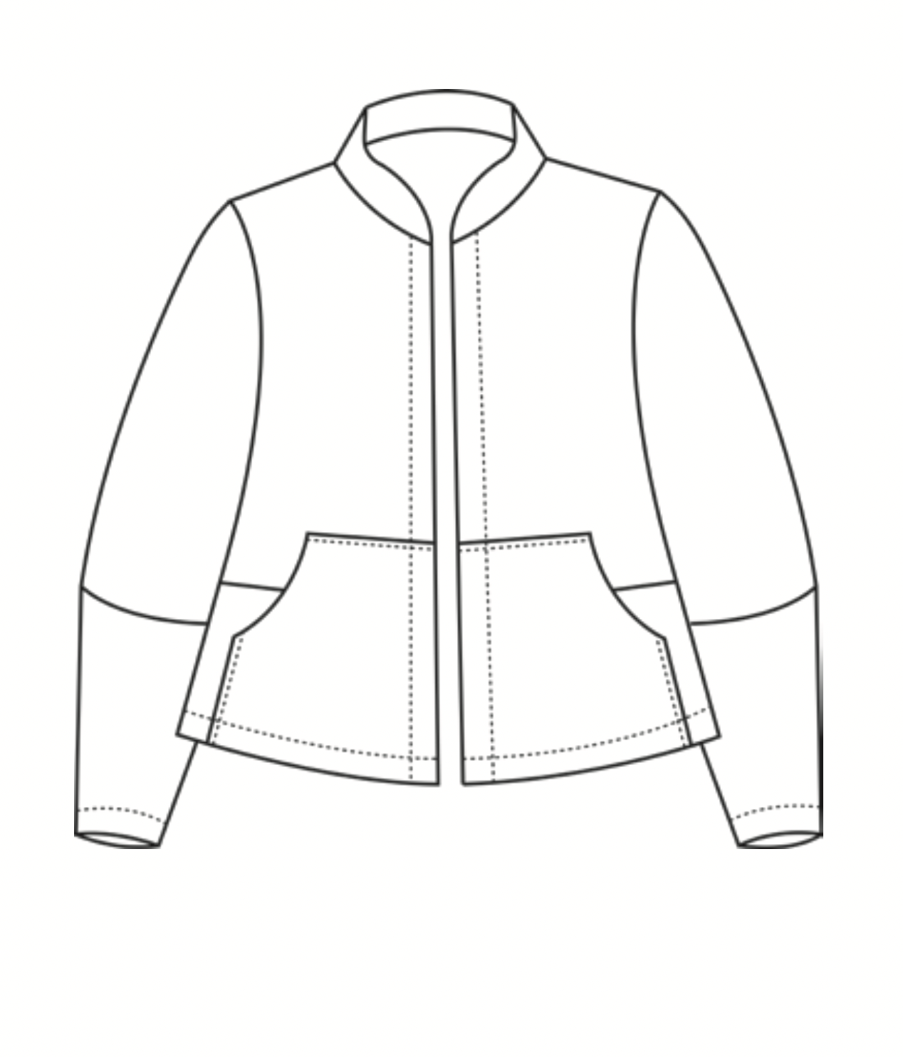 Seamly Jacket, detailed sketch shown.  Horizontal lines represent the separate panels, where the pattern changes direction.  Dotted lines represent hem/seam detail.