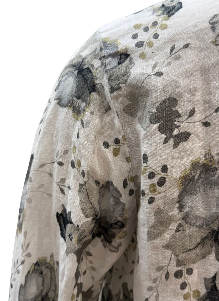 Linen Shirt Dress, shown in White.  Featuring the shoulder seam detail, and close up of the floral print in shades of Black, Grey, and Green.