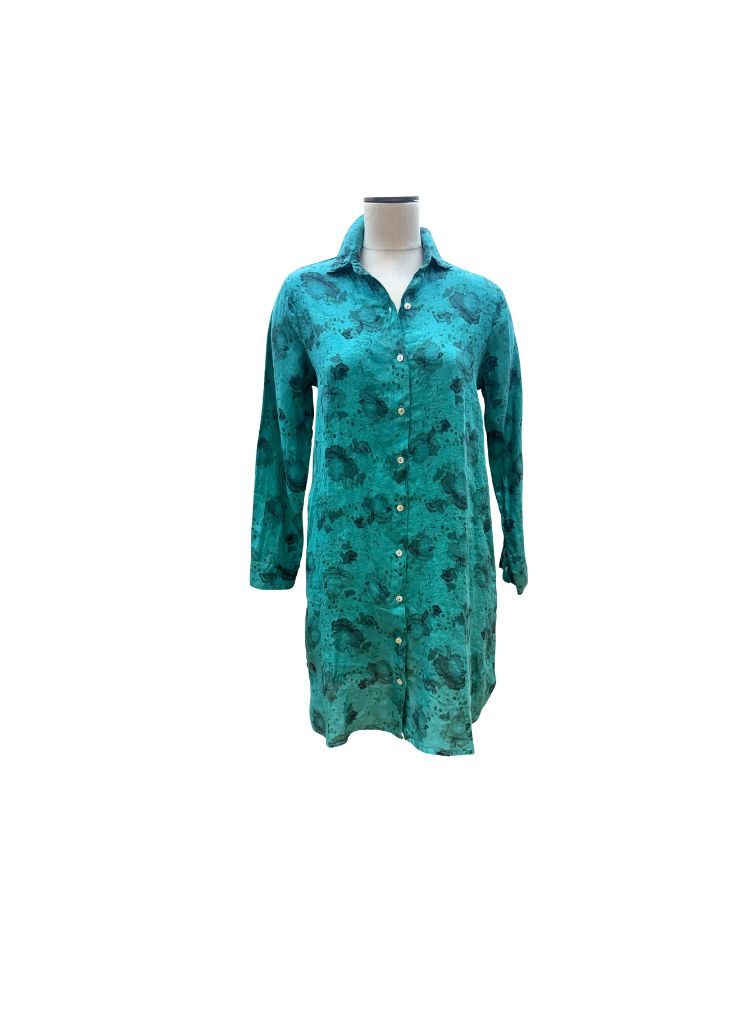 Linen Shirt Dress, shown in Riviera (teal), size Small.  Worn buttoned as a dress.  100% Linen, floral print.  Machine Washable, Pre-shrunk, Made in the USA, by Cut Loose.