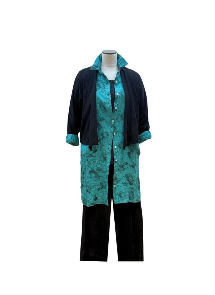 Linen Shirt Dress, shown in Riviera (Teal) size Small.  Worn open, layered over a solid Black FLAX fundamental Tank, and a Black Cut Loose Wide Leg Linen pant, topped with a black Cut Loose open-front cotton slub cardigan, with long sleeves rolled up.  Shirt Dress is 100% Linen, floral print.  Pre-shrunk, machine washable, Made in the USA by Cut Loose.
