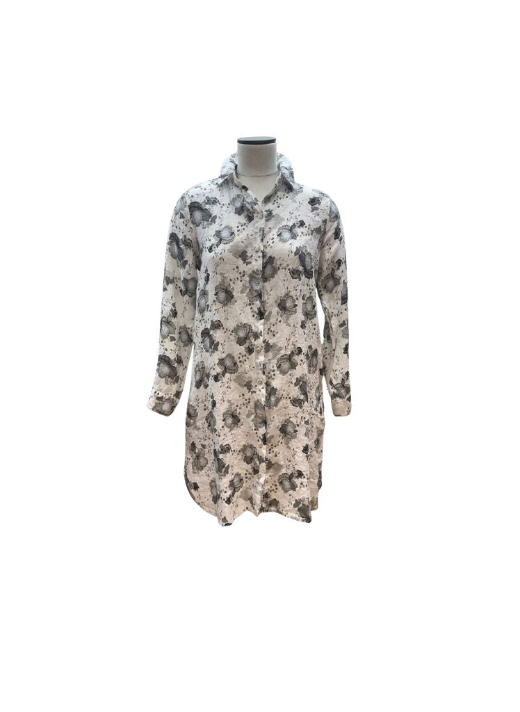 Linen Shirt Dress, shown in White,size Small.  Worn buttoned,  100% Linen, floral print.  Pre-shrunk, Made in the USA by Cut Loose.