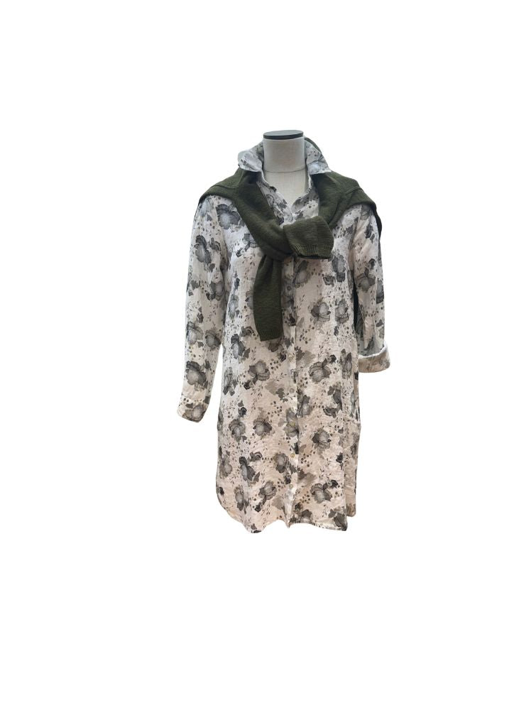 Linen Shirt Dress, shown in White,size Small.  Worn buttoned, paired with a solid Cotton Crewneck Sweater in Olive Green.  100% Linen, floral print.  Pre-shrunk, Made in the USA by Cut Loose.