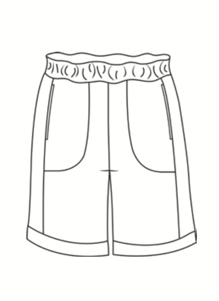Shorty, detailed sketch shown.  Full elastic wide waistband, 2 side pockets, with side panels on either side, landing at the knee (or just above).   