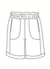 Shorty, detailed sketch shown.  Full elastic wide waistband, 2 side pockets, with side panels on either side, landing at the knee (or just above).   