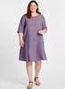 Simple Dress, shown in Blueberry Stripe.  Model is 5'9" tall, wearing size Medium.