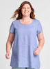 Simplest Tee (shown in Bluebell). 100% Linen t-shirt with short sleeves, round neckline, shaping seams, generous shape, landing just below the hip. Model is 5'9" tall, wearing size Medium.