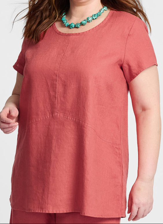 Simplest Tee, shown in Red Currant, 100% Linen.  Model is 5'9" tall, wearing size Medium.