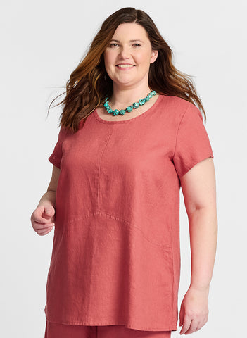 Simplest Tee, shown in Red Currant, 100% Linen.  Model is 5'9" tall, wearing size Medium.