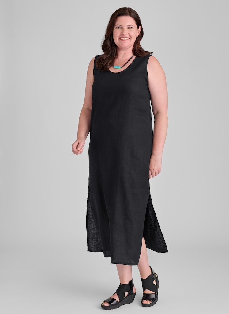 Slipster dress, shown in solid Black, size Medium.  Model s 5'9" tall.