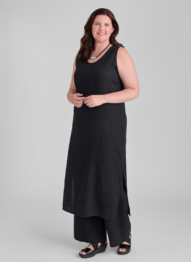 Slipster dress (Black) layered over the Flowing Pant (Black), size Medium.  Model is 5'9" tall.  100% Linen.