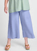 Sociable Flood (shown in Bluebell) 100% Linen, Flat Front waist, 3/4 elastic in back, elegant wide legs.  Model is 5'9" tall, wearing size Medium.  If you are shorter, then this pant will land further down on your leg.