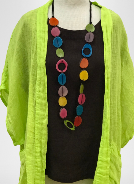 Starling Top (shown in Chocolate), layered under the Obscure Cardigan (in Chartreuse Gauze), topped with a colorful Tagua Necklace (sold in-store only) 