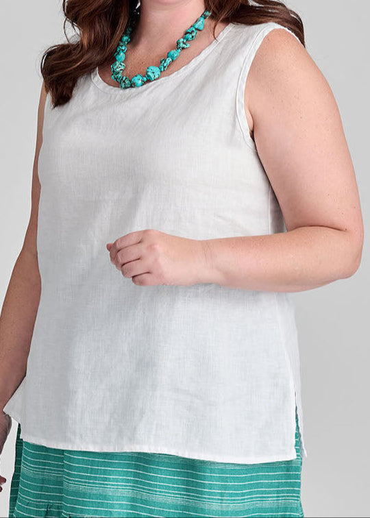 Sunny Tank, shown in solid White, size Medium. 100% European Linen, Machine Washable.