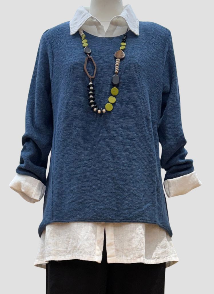 Accent Necklace (Lime) shown over the Cotton Sweater in Indigo blue, the collared Bias Back Shirt (White, FLAX), with the Ruched Pant (black, Cut Loose)