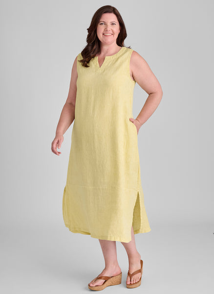 Tahira Dress, shown in Citrine Yarn Dye, size Medium.  Model is 5'9" tall.  If you are shorter, then this dress will be longer on you, landing closer to your ankle.  100% Yarn Dyed European Linen, Pre-shrunk, Machine Washable.