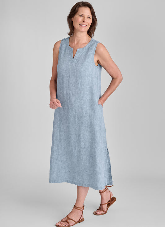 Tahira Dress, shown in Dark Teal Yarn Dye, size Small.  Model is 5'9" tall.  If you are shorter, then this dress will be longer on you, landing closer to your ankle.  100% Yarn Dyed European Linen, Pre-shrunk, Machine Washable.
