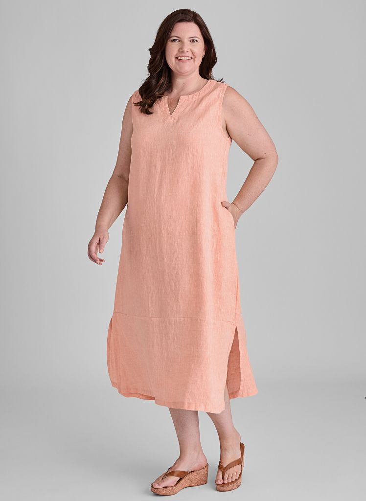 Tahira Dress, shown in Koi Yarn Dye, size Medium.  Model is 5'9" tall.  If you are shorter, then this dress will be longer on you, landing closer to your ankle.  100% Yarn Dyed European Linen, Pre-shrunk, Machine Washable.