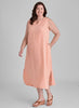 Tahira Dress, shown in Koi Yarn Dye, size Medium.  Model is 5'9" tall.  If you are shorter, then this dress will be longer on you, landing closer to your ankle.  100% Yarn Dyed European Linen, Pre-shrunk, Machine Washable.