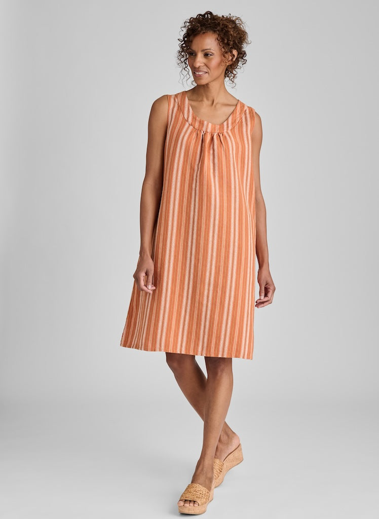 Tao Dress, shown in Desert Stripe, size Small on 5'9" model.  100% European Linen, Pre-shrunk.