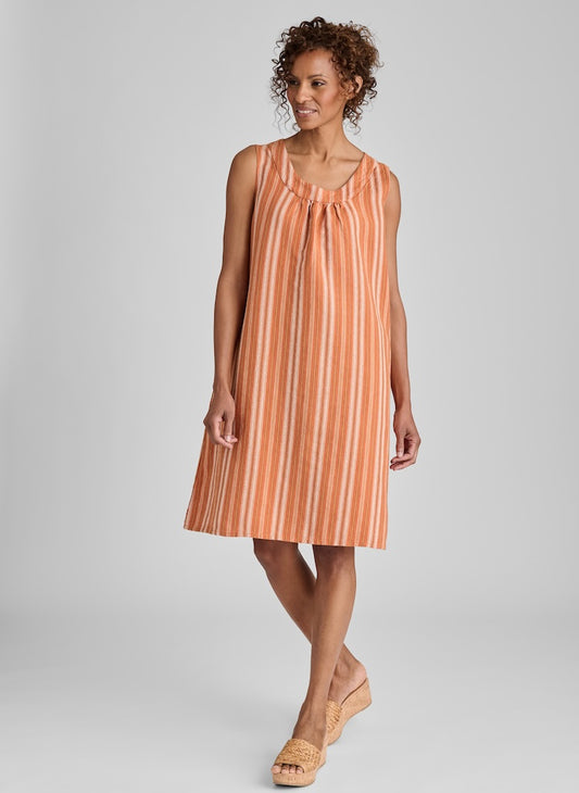 Tao Dress, shown in Desert Stripe, size Small on 5'9" model.  100% European Linen, Pre-shrunk.