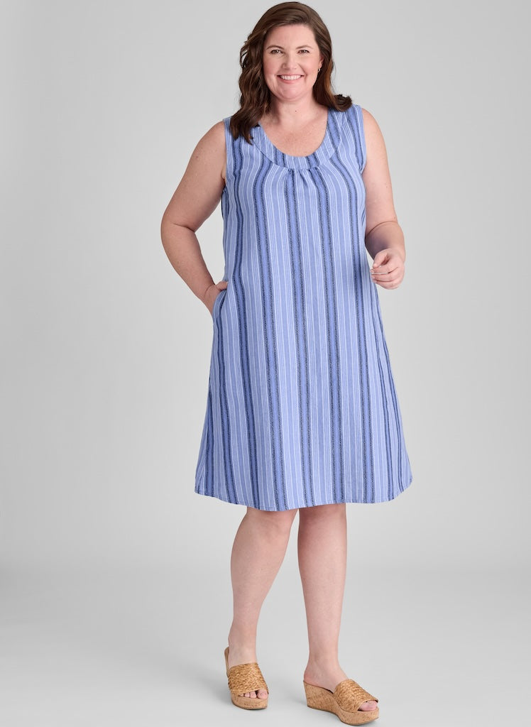 Tao Dress, shown in Sky Stripe, size Medium on 5'9" model.  100% European Linen, Pre-shrunk.