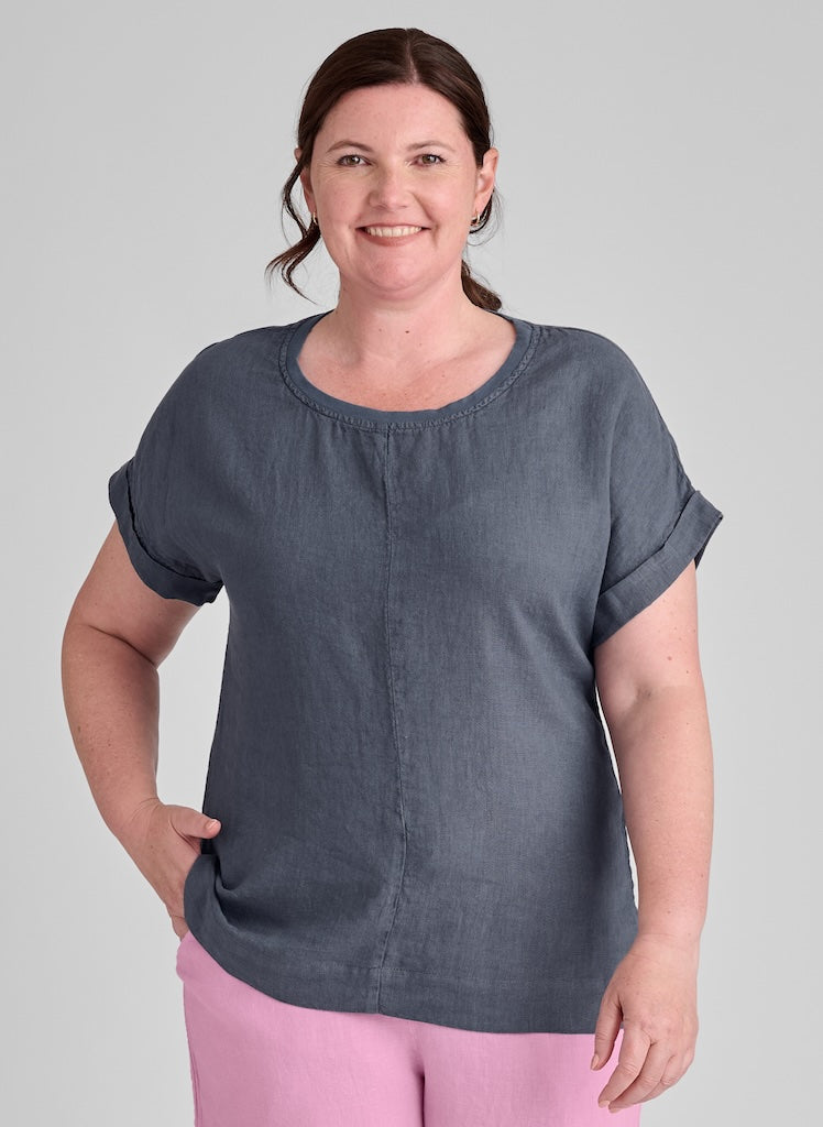 Tee Top, shown in Slate, size Medium.   100% European Linen, with cotton knit trim along the neckline.