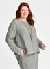 Tell Tail Top, shown in Smokey Grid.  100% Linen.  Model is 5'9" tall, wearing size Medium.