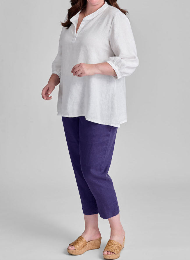 Terra Top (shown in White) layered over the slim Travel Pant (shown in Indigo).  Model is 5'9" tall, wearing size Medium.  100% European Linen, Machine Washable. 